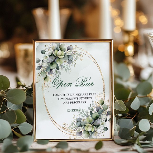 Póster Letrero de mesa de bar abierto botánico blanco ver (Green White Botanical Open Bar Tabletop Sign)