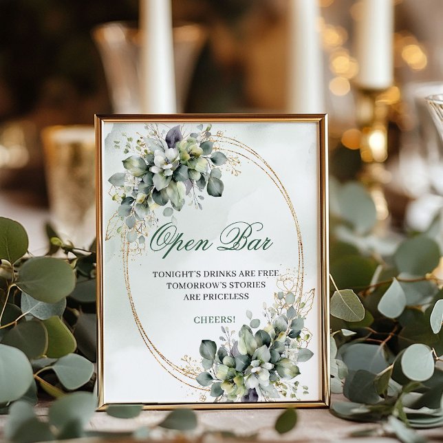 Póster Letrero de Mesa de Bar Abierto Botánico Verde Salv (Sage Green Botanical Open Bar Tabletop Sign)