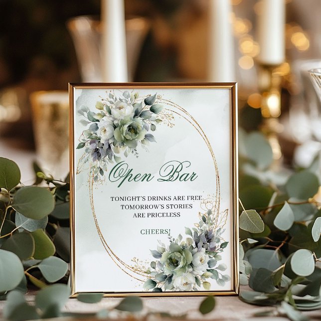 Póster Letrero de Mesa de Bar Abierto con Follaje Verde S (Sage Green Foliage Open Bar Tabletop Sign)
