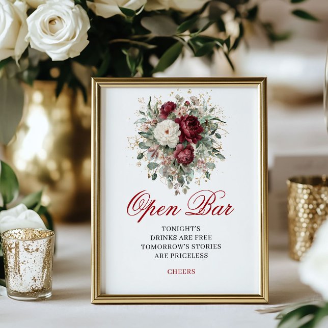 Póster Letrero de mesa de bar abierto con tono burdeos y  (Maroon Blush Burgundy Open Bar Tabletop)