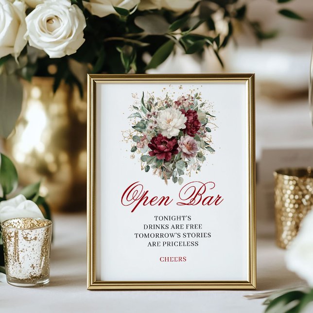 Póster Letrero de Mesa de Barra Abierta con Tono Rosa y B (Greenery Blush Burgundy Open Bar Tabletop)