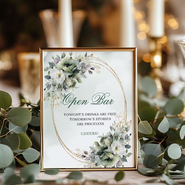 Póster Letrero de mesa de barra abierta de acuarela botán (Botanical Watercolor Open Bar Tabletop Sign)