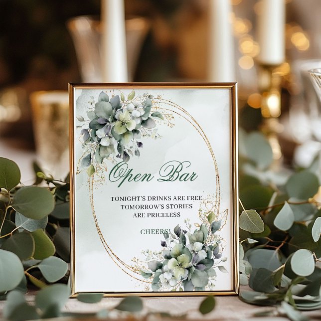 Póster Letrero de mesa de barra abierta de vegetación boh (Bohemian Greenery Open Bar Gold Tabletop Sign)