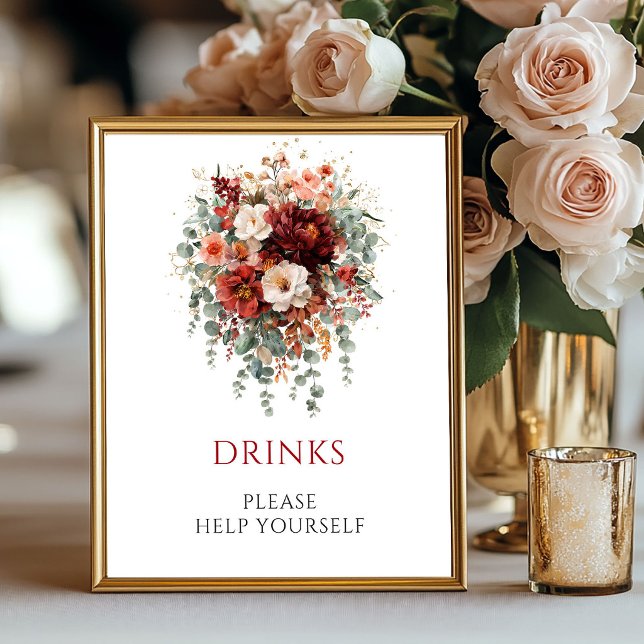Póster Letrero de mesa de bebidas Boho Eucalipto Rojo Int (Deep Red Boho Eucalyptus Drinks Tabletop Sign

)
