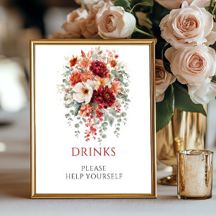 Póster Letrero de mesa de bebidas de flores de Borgoña de