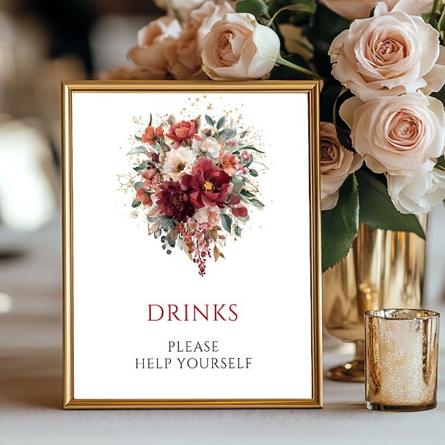 Póster Letrero de mesa de bebidas de flores de otoño Boho (Burgundy Boho Fall Flowers Drinks Tabletop Sign

)