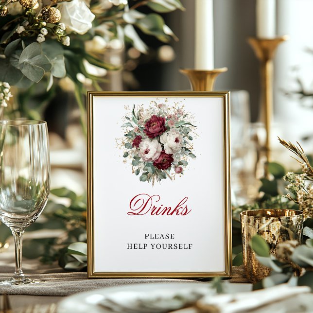 Póster Letrero de Mesa de Bebidas Floral Burgundy Chic Bl (Chic Blush Burgundy Floral Drinks Tabletop Sign)