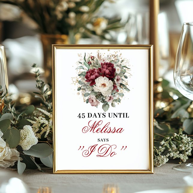 Póster Letrero de Mesa de Cuenta Regresiva Borgoña Rubor  (Eucalyptus Blush Burgundy Countdown Tabletop Sign)