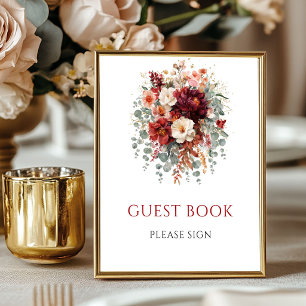 Póster Letrero de Mesa de Libro de Invitados Floral Boho