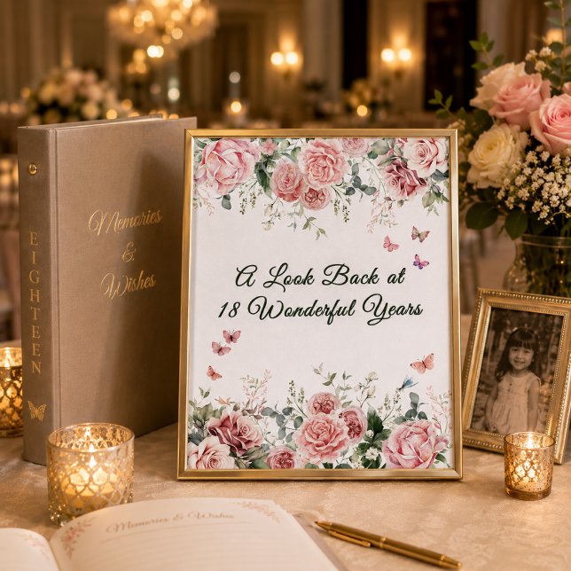 Póster Letrero de Mesa de Memoria de Mariposa (Elegant framed memory table sign with blush roses, butterflies, and romantic debut styling.)