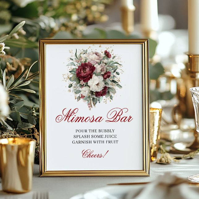 Póster Letrero de mesa de Mimosa de Boho Rubor Burgundy (Boho Blush Burgundy Mimosa Bar Tabletop Sign)