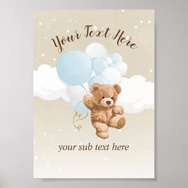 Póster Letrero de mesa de oso de peluche con globos azule (Frente)
