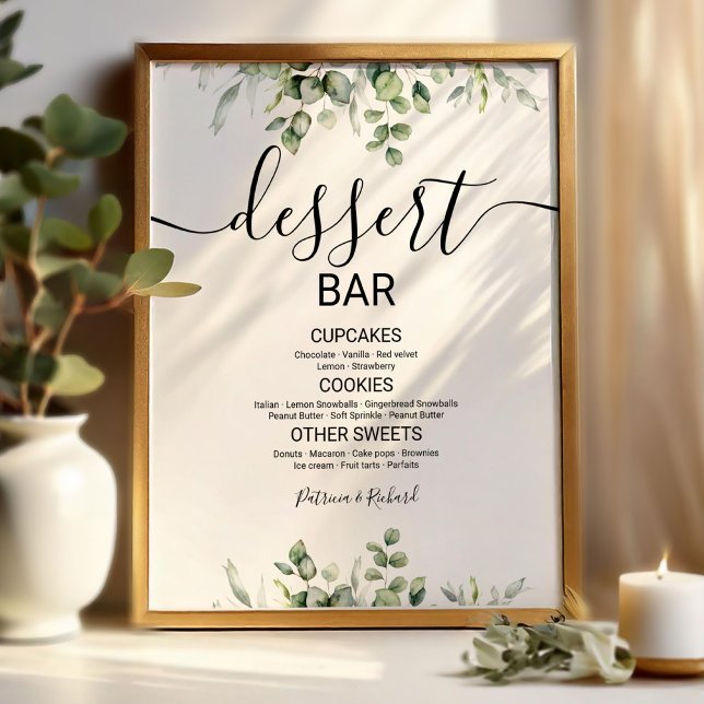 Póster Letrero de mesa de postres de boda con vegetación (Subido por el creador)