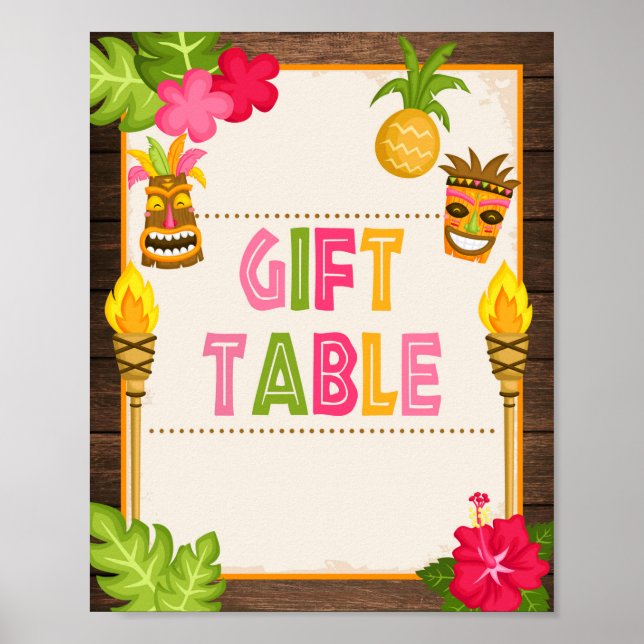 Póster Letrero de mesa de regalos de Luau (Frente)