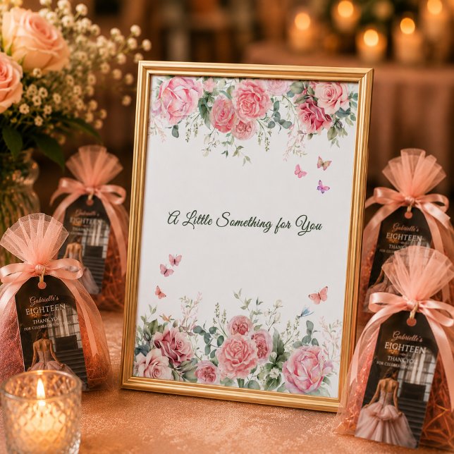Póster Letrero de mesa de regalos de mariposa floral blan (Elegant favor table sign with coordinating thank you tags)
