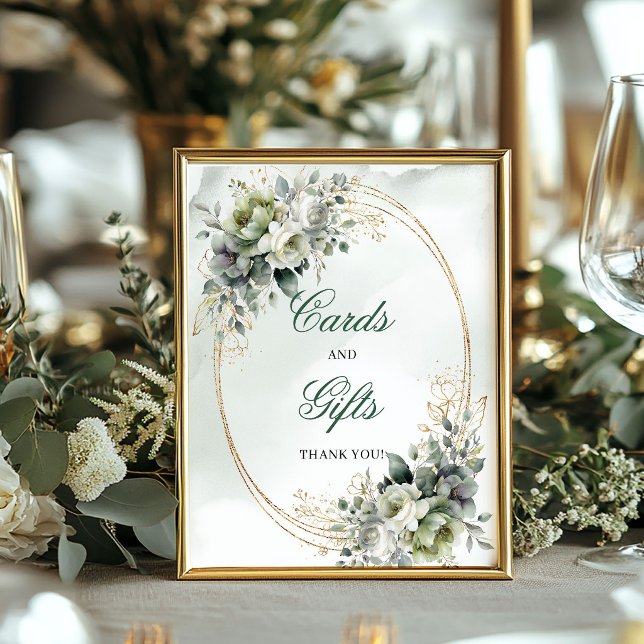 Póster Letrero de mesa de tarjetas y regalos botánicos ve (Dusty Green Botanical Cards And Gifts Table Sign)