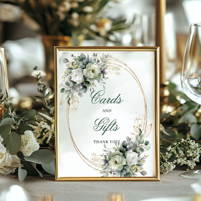 Póster Letrero de mesa de tarjetas y regalos de acuarela  (Green Gold Watercolor Cards And Gifts Table Sign)