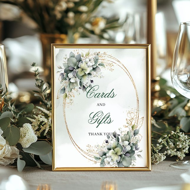 Póster Letrero de mesa de tarjetas y regalos de eucalipto (Dusty Green Eucalyptus Cards And Gifts Table Sign)