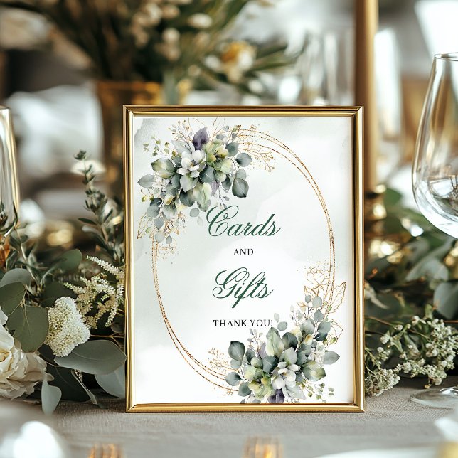 Póster Letrero de mesa de tarjetas y regalos de follaje b (Green White Foliage Cards And Gifts Table Sign)