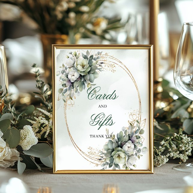 Póster Letrero de mesa de tarjetas y regalos de vegetació (Watercolor Greenery Cards And Gifts Table Sign)