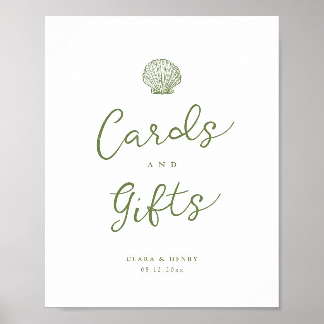 Póster Letrero de mesa de tarjetas y regalos verde salvia (Frente)