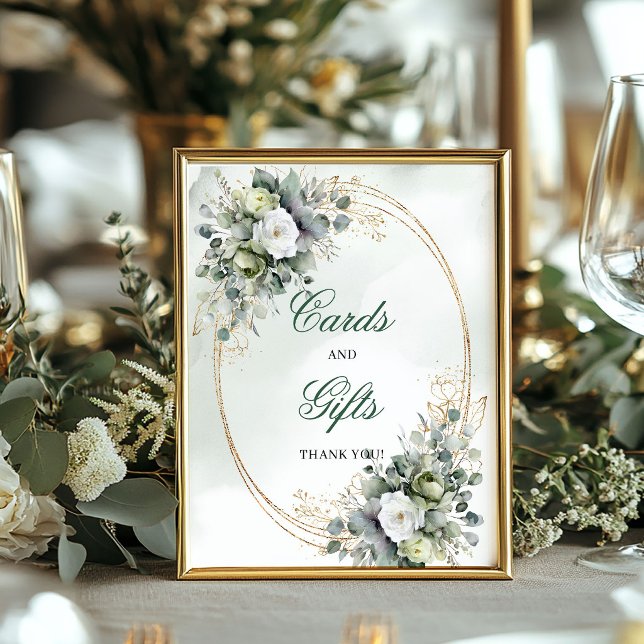 Póster Letrero de mesa de tarjetas y regalos verdes botán (Botanical Green White Cards And Gifts Table Sign)