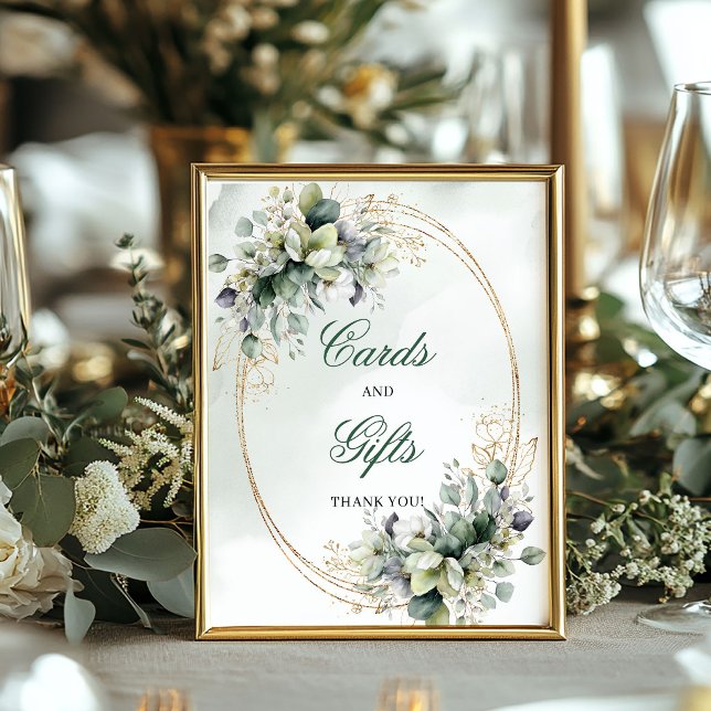 Póster Letrero de mesa de tarjetas y regalos verdes con a (Watercolor Green White Cards And Gifts Table Sign)