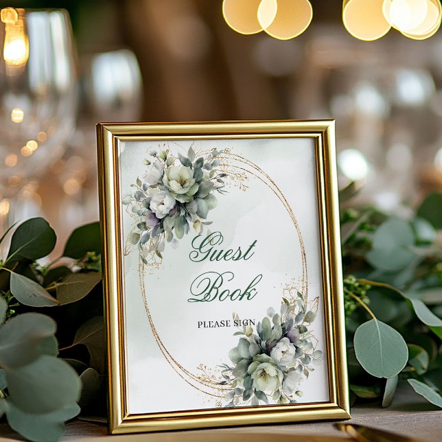 Póster Letrero de Mesa Libro de Invitados Botánico Verde  (Greenery Botanical Gold Guest Book Tabletop Sign)