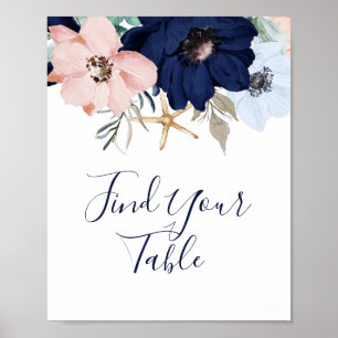 Póster Letrero de mesa moderno náutico floral