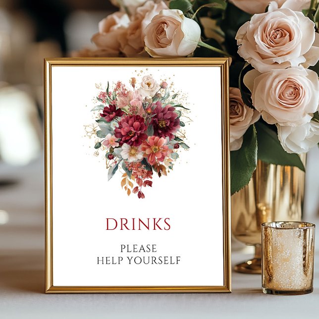 Póster Letrero de mesa para bebidas de otoño con eucalipt (Burgundy Eucalyptus Fall Drinks Tabletop Sign

)