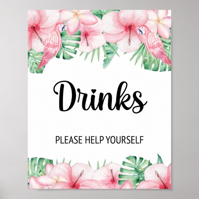 Póster Letrero de Mesa para Bebidas Floral Rosa Tropical (Frente)
