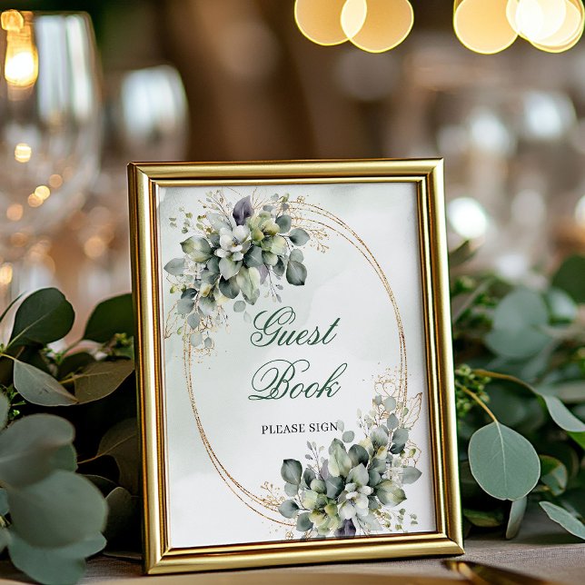 Póster Letrero de Mesa para Libro de Invitados Botánico A (Watercolor Botanical Guest Book Tabletop Sign)