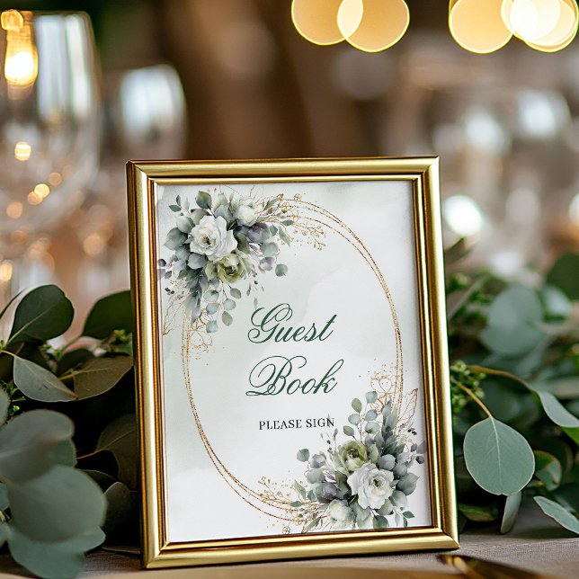 Póster Letrero de mesa para libro de invitados botánico b (Green White Botanical Guest Book Tabletop Sign)
