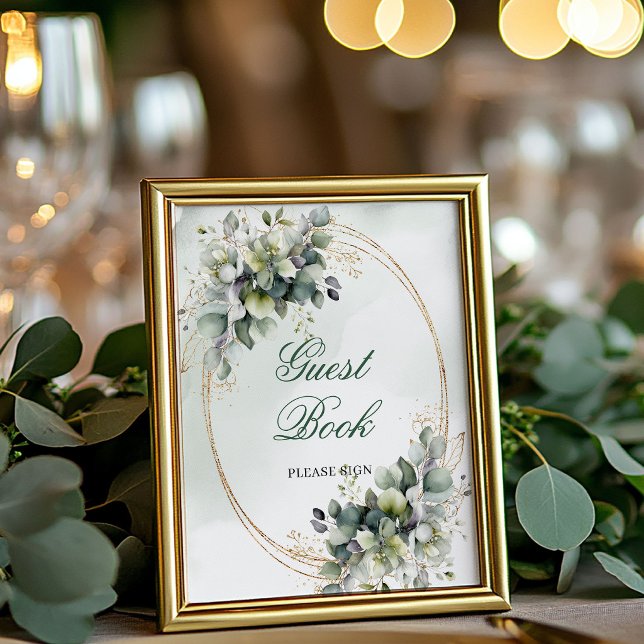 Póster Letrero de Mesa para Libro de Invitados con Follaj (Dusty Green Foliage Guest Book Tabletop Sign)