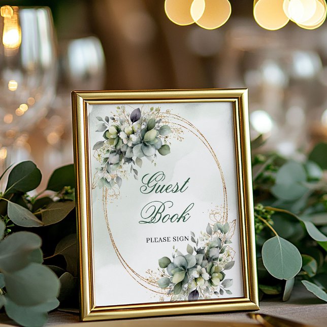 Póster Letrero de Mesa para Libro de Invitados de Acuarel (Botanical Watercolor Guest Book Tabletop Sign)