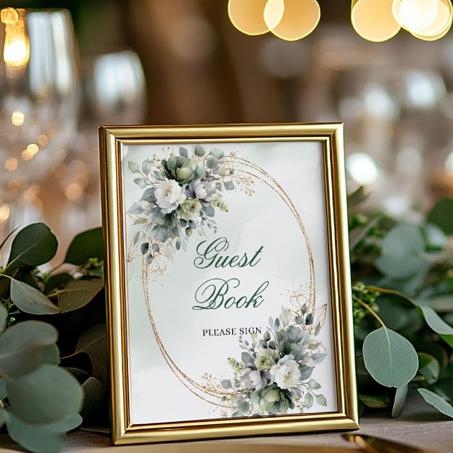 Póster Letrero de Mesa para Libro de Invitados de Acuarel (Greenery Watercolor Guest Book Tabletop Sign)