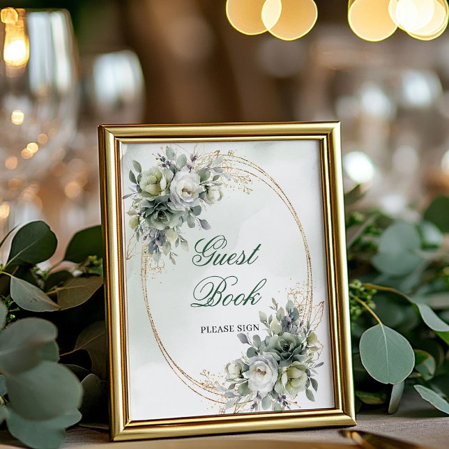 Póster Letrero de Mesa para Libro de Invitados de Acuarel (Watercolor Greenery Gold Guest Book Tabletop Sign)