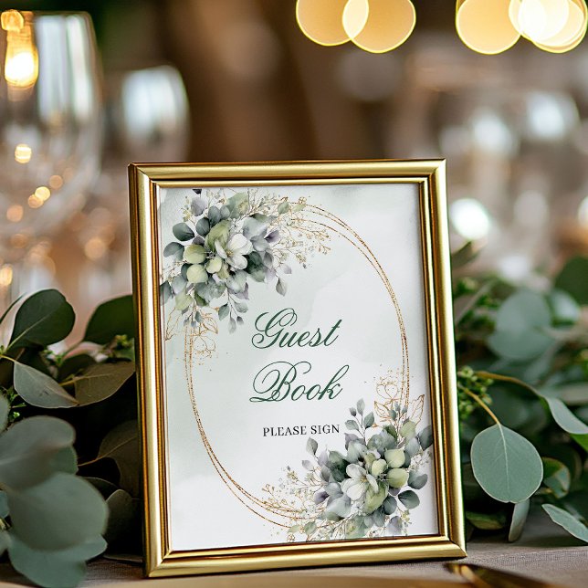 Póster Letrero de mesa para libro de invitados de botánic (Dusty Green Botanical Guest Book Tabletop Sign)