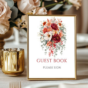 Póster Letrero de Mesa para Libro de Invitados de Flores