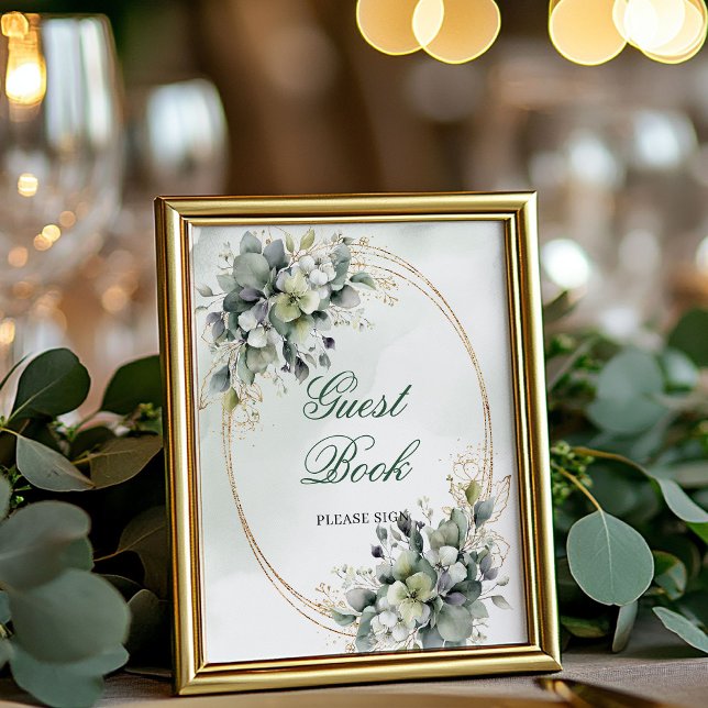 Póster Letrero de mesa para libro de invitados de follaje (Dusty Green Foliage Guest Book Tabletop Sign)