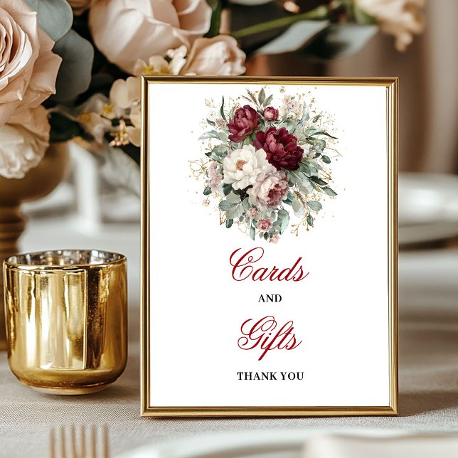Póster Letrero de Mesa Tarjetas y Regalos Chic Blush Burg (Chic Blush Burgundy Cards and Gifts Tabletop Sign)