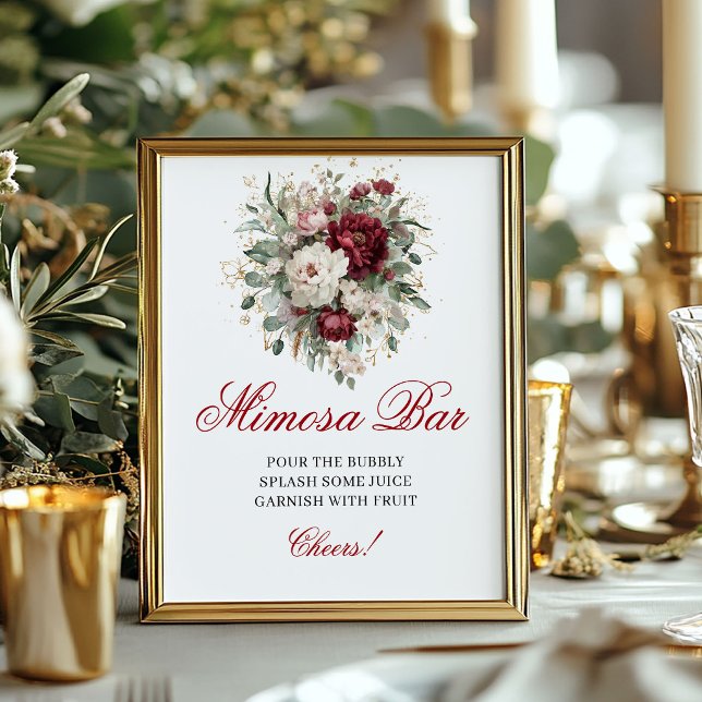 Póster Letrero de Mimosa Bar con Flores Glam Burgundy Blu (Glam Floral Mimosa Bar Blush Burgundy Gold Sign)