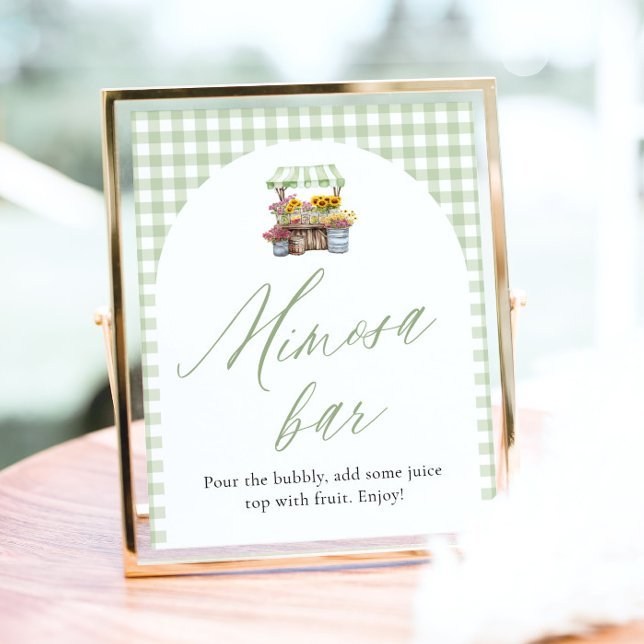 Póster Letrero de Mimosa Fresca Directamente del Mercado  (Green Gingham Fresh Off The Market Mimosa Sign)