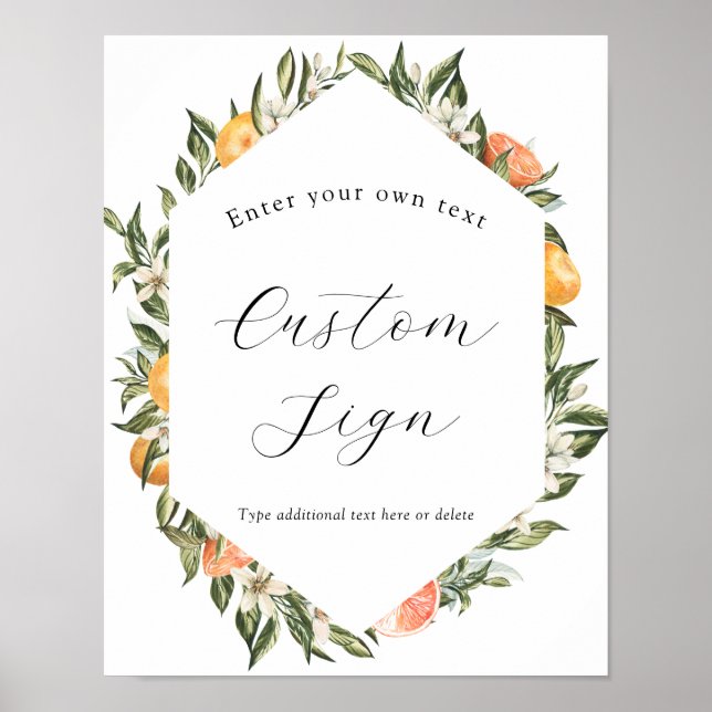 Póster Letrero de naranjas Clementine y vegetación con te (Frente)