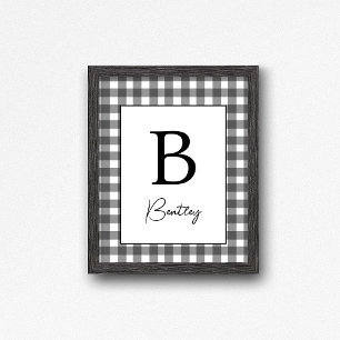 Póster Letrero de nombre a cuadros gingham negro y blanco