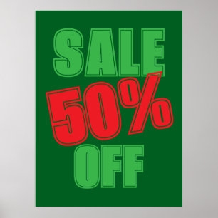Póster Letrero de Oferta del 50%, Navidad en Verde y Rojo