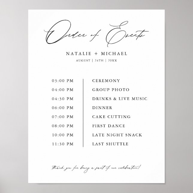 Póster Letrero de Orden de Eventos de Boda con Letra Mode (Frente)