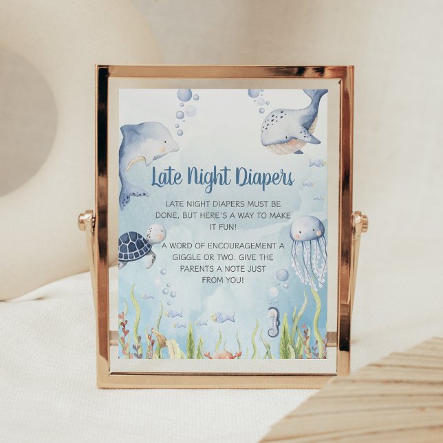 Póster Letrero de pañales nocturnos para ducha de bebé Az (Under the Sea Baby Shower Sign)