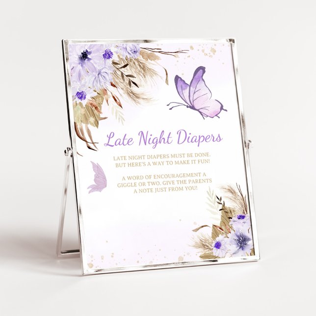 Póster Letrero de pañales nocturnos para ducha de bebé co (Purple Butterfly Baby Shower Late Night Diapers Sign)