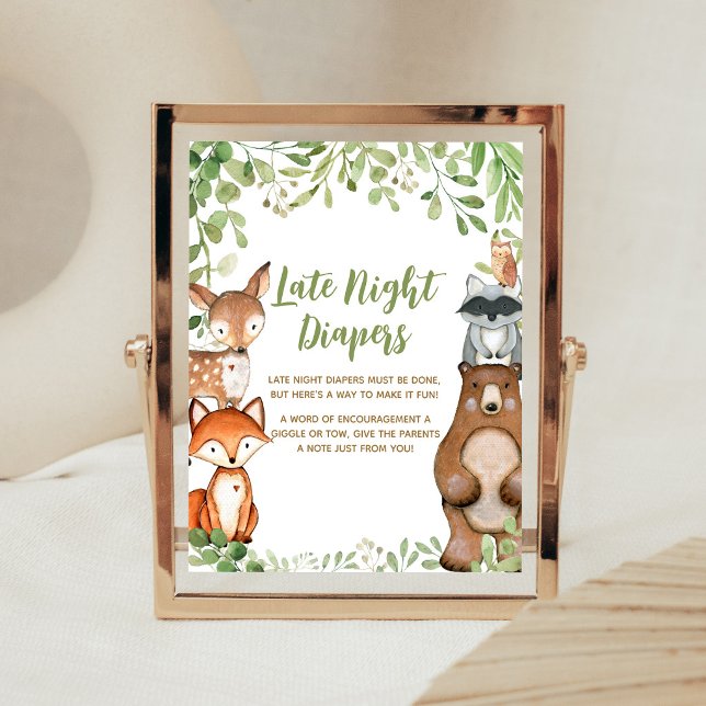 Póster Letrero de pañales nocturnos para ducha de bosque  (Woodland Animals Baby Shower Late Night Diapers Sign)